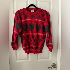 Vintage Adele Knitwear 80’s Red/Gray Argyle Heart Pattern Sweater Valentines S